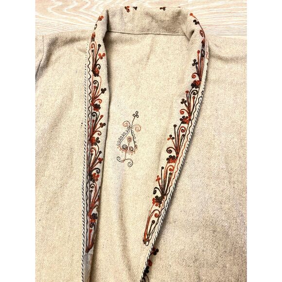 Vintage Embroidered Wool Duster Coat Beige Boho Folk Art Longline Handmade - Picture 3 of 14